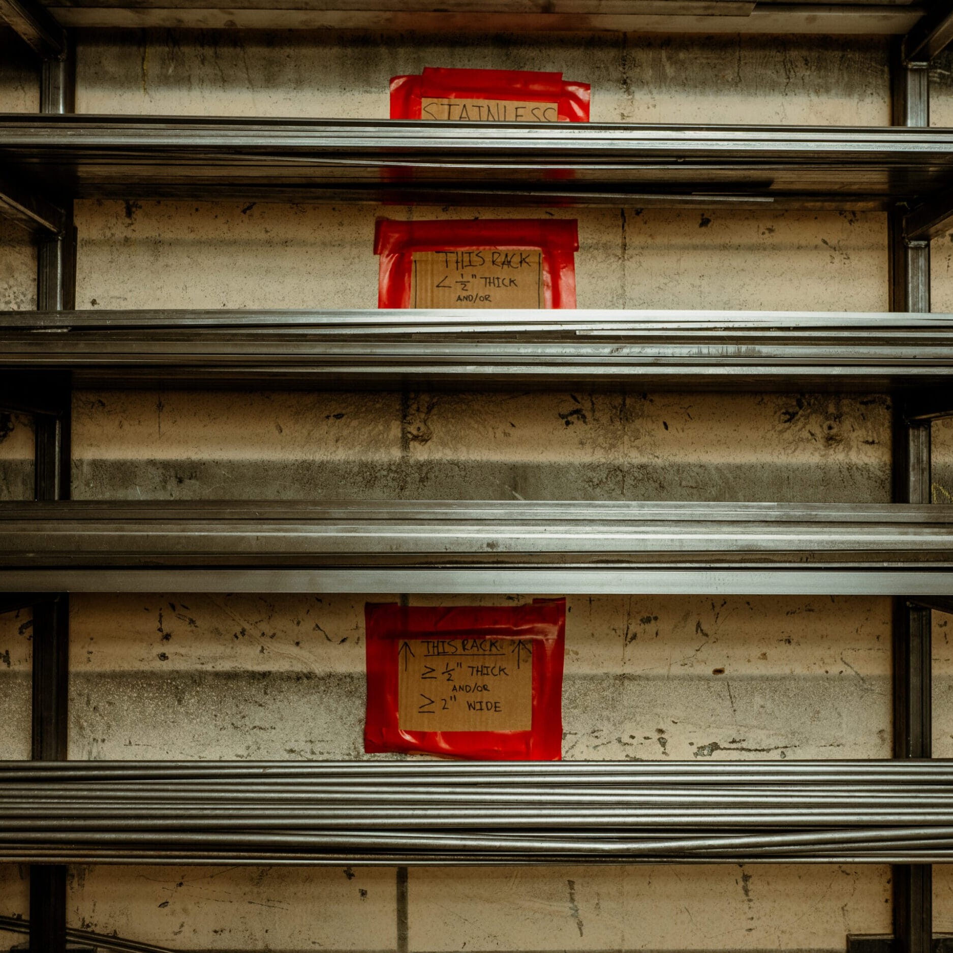 Empty metal storage racks mounted on a wall at Dyna Metal Shop Seattle, labeled